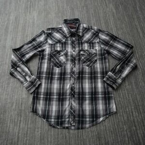 Rock & Roll Cowboy Shirt Men Button Up Plaid Black White Pearl Snap Medium